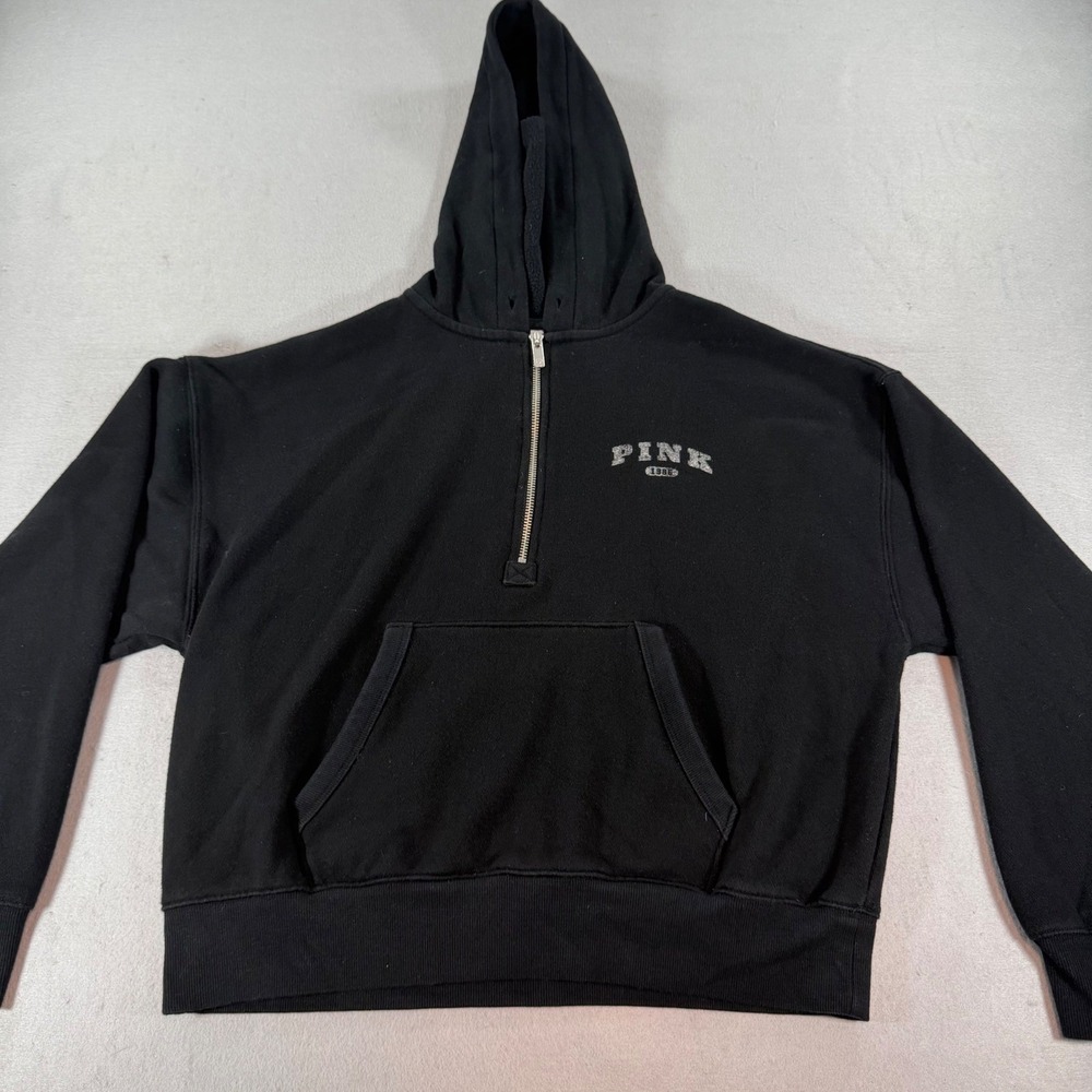 Victoria's Secret PINK Quarter‎ Zip Hoodie Black Fleece Cropped XS 1986 Graphic